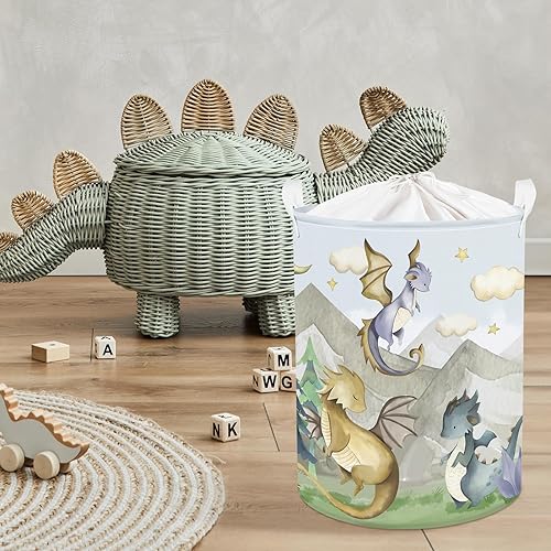 Clastyle 45L Kids Cute Dragon Nursery Hamper Mountain Tree Dirty Clothes Collapsible Laundry Basket Round Cloud Toys Storage Basket with Drawstring - Jamouz