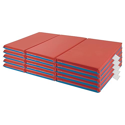 ECR4Kids Premium Folding Rest Mat, 3-Section, 2in, Sleeping Pad, Blue/Red, 5-Pack - Jamouz