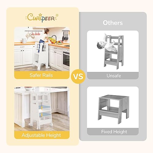 Toddler Kitchen Step Stool Helper with Safety Rails, Adjustable Height Toddler Standing Tower for Bathroom, Kitchen Counter, Bedroom (White) - Jamouz
