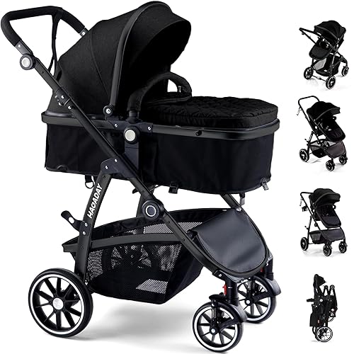 Baby Stroller, 2-in-1 Reversible Stroller with Bassinet Mode, Foldable Infant Stroller with Canopy, One Button Brake, Adjustable Handle, Newborn Stroller (Gray) - Jamouz
