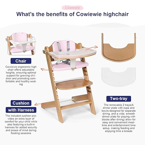 Cowiewie 3-in-1 Convertible Natural Wooden High Chair for Babies & Toddlers 3-Tier Remove & 2 Adjustable Wood Tray & 8 Levels Adjustable, 2 Waterproof Cozy Cushions Grey - Jamouz