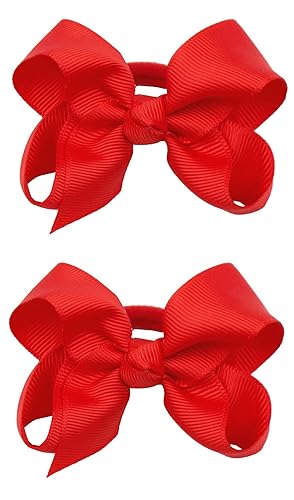 3 Inch Baby Girl Hair Bows Elastic Hair Tie Accessories Bow Ponytail Holder - Set of 2 (Red) - Jamouz