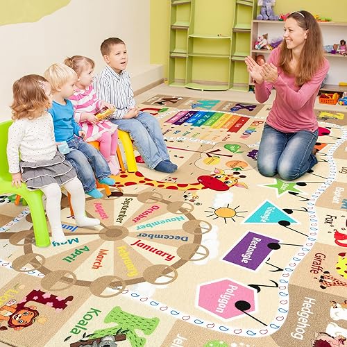 Large Playroom Rug Daycare Kids Rug 7x10,Educational and Fun Nursery Rug with ABC Alphabet Animals Classroom Rug Washable Kids Play Mat Baby Toddler Children Girls Rugs for Bedroom,Beige - Jamouz