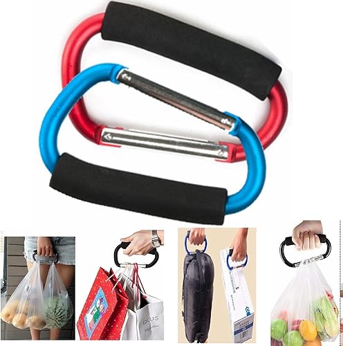 2X Carabiner Hook - 5.4' Large Aluminum D-Style Carry Handle with Sponge for Shopping Bags Handbag Tote Stroller Carrying - Jamouz