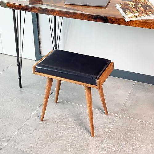 Walnut Ottoman Stool for Living Room | Upholstered in Crowbar Pattern Fabric | Versatile as a Piano Bench | Ideal Bedroom Bench | Functional Footstool Bench - Jamouz