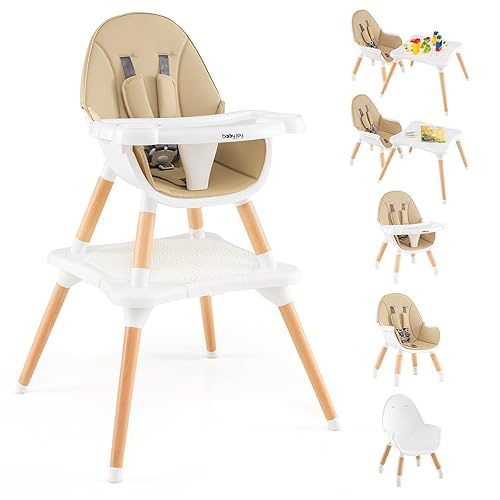 BABY JOY 5 in 1 High Chair, Convertible High Chairs for Babies and Toddlers/Booster Seat/Table and Chair Set, Infant Wooden Highchair w/ 5-Point Harness, 4-Position Removable Tray & PU Cushion, Coffee - Jamouz