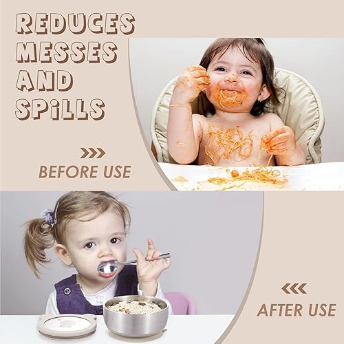 MR. CHOU Baby Bowls with Non-Slip Silicone Suction Cup, Insulated Double-Layer 304 Stainless Steel Toddler Bowls with BPA Free Airtight Lids, Food-Grade Silicone Safe for Kids (Beige) - Jamouz