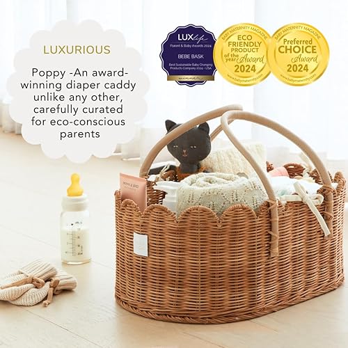 Premium Baby Diaper Caddy Organizer - Handmade & Award-Winning Scalloped Rattan Basket - Luxury Diaper Caddy Basket - Elegant Scalloped Edge (Natural) - Jamouz