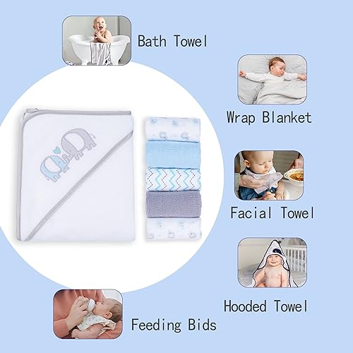Viviland Baby Towels and Washcloths, Soft Absorbent Pink Baby Bath Towel Set, Elephant Hooded Towels with 5 Infant Face Washcloths (6 Pieces) - Jamouz
