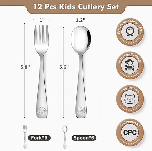 DRKIO Stainless Steel Toddler Utensils Set - 12 Pieces Kids Silverware Set Children Safe Food Grade Small Forks and Spoons Dishwasher Safe Mirror Polished - Jamouz