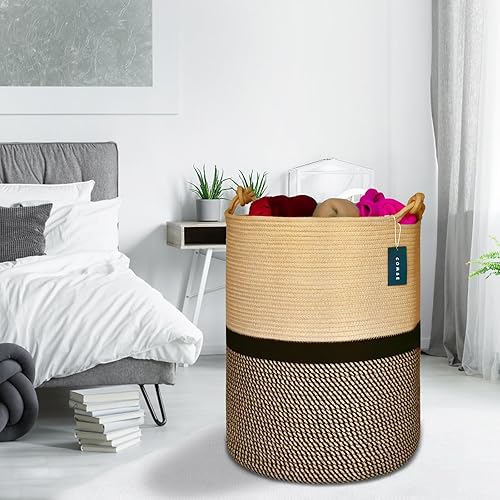 COMSE Extra Large Blanket Basket, High Storage Basket, Tall Rope Laundry Basket, 15.7”x 21.7”, Cotton Rope Basket, XXXL Laundry Basket, Toy Basket, Clothes Baskets,White/Cadet Blue/Navy Blue - Jamouz