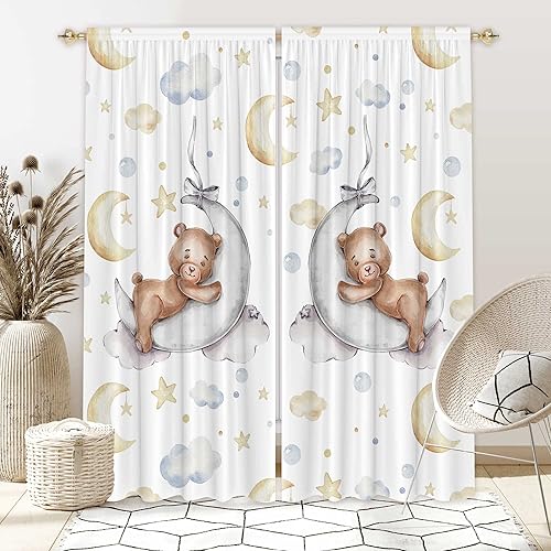 82' Wx 84' L Cartoon Lovely Bear Moon and Stars Window Curtains for Baby Room Bedroom Nursery Home Decor Decorations with Fabric Machine Washable - Jamouz