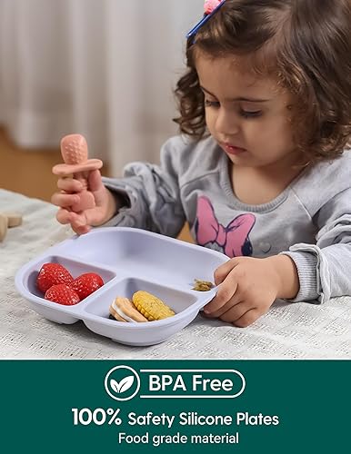 BABELIO Powerful Suction Plates for Baby and Toddler, 100% Food Grand Silicone, Divided, BPA Free, Microwave & Dishwasher Safe, Stay Put, 3 Pack - Jamouz