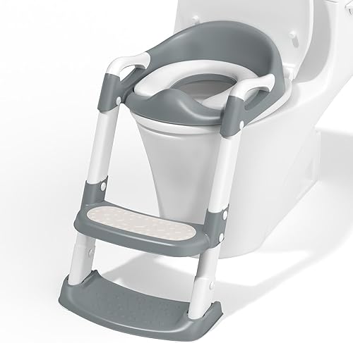 Potty Training Toilet with Step Stool Ladder, Toddler Kids Potty Training Seat for Boys Girls, Foldable Anti-Slip Toilet Toddler Seat Splash Guard Soft Cushion Safety Handles (Grey) - Jamouz