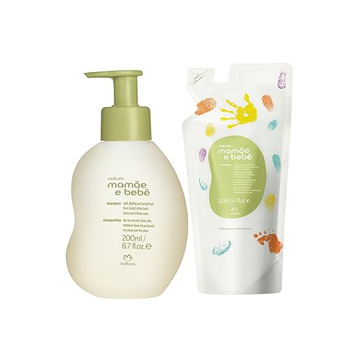 natura - Mamãe e Bebê Baby Shampoo with Refill - 100% Vegan - Safe & Gentle Formula - 98.4% Natural Origin - All Skin Types - Cruelty Free - Brazilian Beauty - Baby Essentials - 6.7 fl oz (200ml) - Jamouz