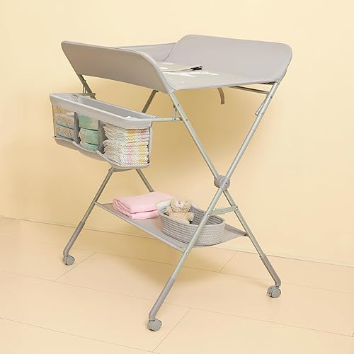 KARAOK Baby Changing Table with Wheels, Portable Diaper Changing Station with 4-Level Height Adjustment & Storage Rack for Newborn, Infant(Light Grey) - Jamouz
