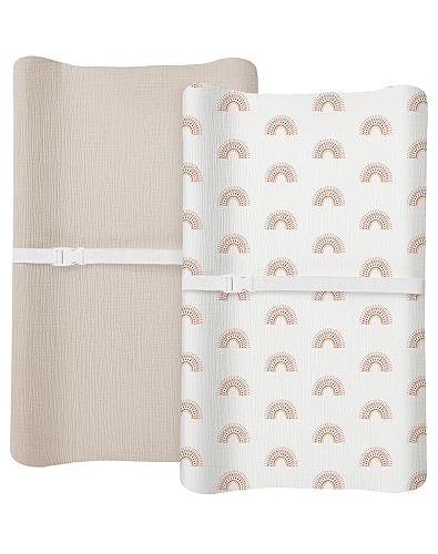 Changing Pad Cover for Baby Boy Girl 2 Pack, Muslin Changing Table Pad Covers with Boho Style, Neutral Nursery Bedding Essentials Soft and Breathable(Dusty Rose & Flower-A) - Jamouz