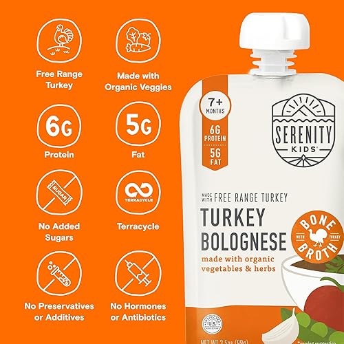 Serenity Kids Bone Broth Puree Made with Organic Veggies - Clean Label Project Purity Award Certified - 3.5 Ounce BPA-Free Pouch - Free Range Turkey Bolognese - 6 Count - Baby Food Turkey Bone Broth - Jamouz