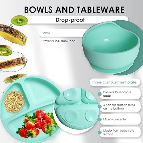 Bluet B- Silicone Baby Feeding Set - Baby Led Weaning Supplies - Baby Spoons, Suction Bowl - Plate - Baby Utensils Set - Silicone Feeding Set for Baby First Foods, Infant Eating - 8pcs - Purple - Jamouz