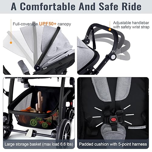 Baby Stroller, 2-in-1 Reversible Stroller with Bassinet Mode, Foldable Infant Stroller with Canopy, One Button Brake, Adjustable Handle, Newborn Stroller (Gray) - Jamouz
