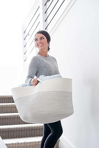 Little Hippo XXXL Large Cotton Rope Basket (22'x14') 100% Natural Cotton! Rope Basket, Woven Storage Basket, Large Basket, Blanket Basket Living Room, Toy Basket, Pillow Basket (White & Brown) - Jamouz