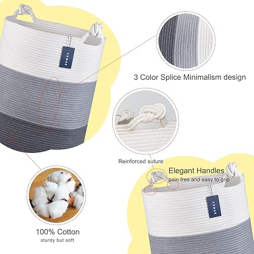 COMSE Extra Large Blanket Basket, High Storage Basket, Tall Rope Laundry Basket, 15.7”x 21.7”, Cotton Rope Basket, XXXL Laundry Basket, Toy Basket, Clothes Baskets,White/Cadet Blue/Navy Blue - Jamouz