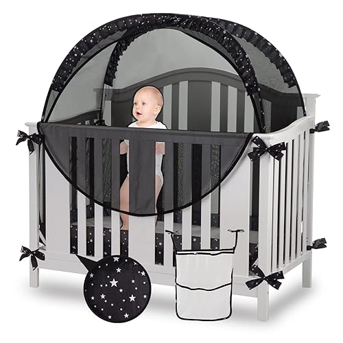Safety Crib Tent to Keep Baby in Pop up Mosquito Net Netting Canopy Mesh Cover for Toddler - Black - Jamouz