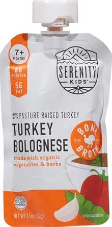 Serenity Kids Bone Broth Puree Made with Organic Veggies - Clean Label Project Purity Award Certified - 3.5 Ounce BPA-Free Pouch - Free Range Turkey Bolognese - 6 Count - Baby Food Turkey Bone Broth - Jamouz