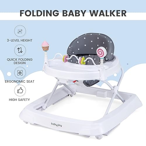 BABY JOY Baby Walker, Foldable Activity Walker Helper with Adjustable Height, Baby Activity Walker with High Back Padded Seat & Bear Toys (Gray, Star Pattern) - Jamouz
