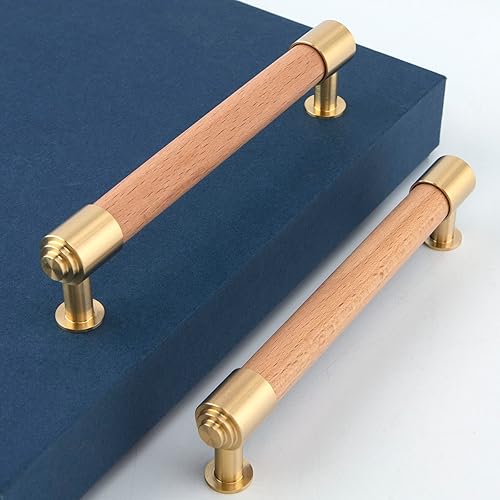 Modern Mid Century Brass and Wood Cabinet Pulls 3 Inch Center to Center Hole 4Pack Kitchen Drawer Handle Unfinished Dresser Knob for Closet Cupboard Wardrobe Brushed Finish - Jamouz