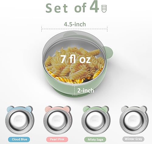 Stainless Steel Baby Bowls with Suction, 2-in-1 SUS304 Toddlers Bowl & Removable Silicone Suction Kids Bowl, Anti Scald Non Toxic Snack Container for Baby Food Feeding, 4 Colors Set - Jamouz