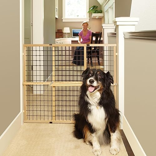 MYPET North States Wire Mesh Dog Gate: 29.5-50' Wide. Pressure Mount. No tools needed. Dog Gate 31' Tall, Expandable, Durable Dog Gates for Doorways, Sustainable Hardwood - Jamouz