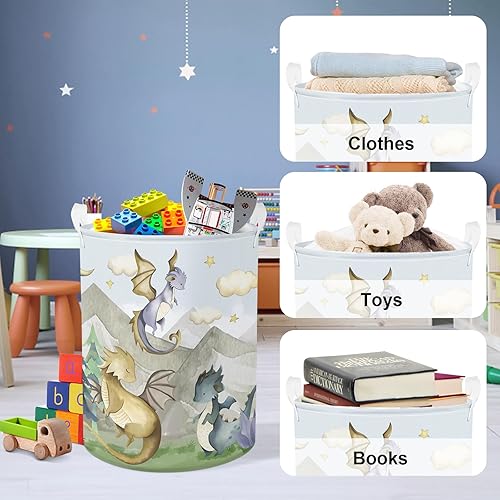 Clastyle 45L Kids Cute Dragon Nursery Hamper Mountain Tree Dirty Clothes Collapsible Laundry Basket Round Cloud Toys Storage Basket with Drawstring - Jamouz