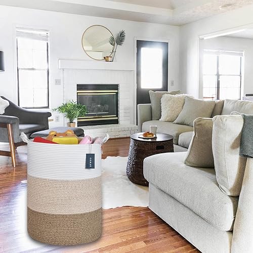 COMSE Extra Large Blanket Basket, High Storage Basket, Tall Rope Laundry Basket, 15.7”x 21.7”, Cotton Rope Basket, XXXL Laundry Basket, Toy Basket, Clothes Baskets,White/Cadet Blue/Navy Blue - Jamouz