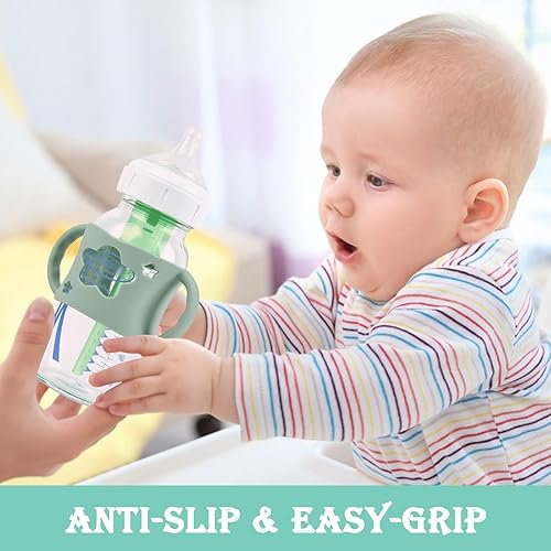 4 Pack Baby Bottle Handles, Silicone Bottle Handles for Dr Brown Wide-Neck Baby Bottles (White+Blue+Green+Grey) - Jamouz