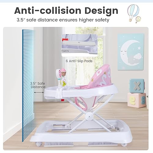 BABY JOY Baby Walker, Foldable Activity Walker Helper with Adjustable Height, Baby Activity Walker with High Back Padded Seat & Bear Toys (Gray, Star Pattern) - Jamouz