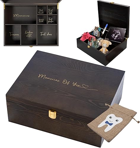 Wooden Baby Keepsake Box with Tooth Fairy Tooth Holder Bag- Newborn Keepsake Box with Sturdy Lock-Timeless Baby Keepsake Storage Box-Memory Box for Keepsakes Baby-Baby Boy Keepsake Box (Blue) - Jamouz