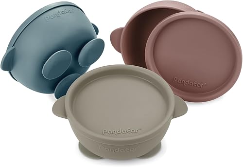 PandaEar 3 Pack Baby Bowls with Suction, Silicone Toddler Bowls with Lids, No Spill Suction Bowls for Baby Infant First Stage, Baby Food Feeding Bowl Set, Blue/Brown/Red - Jamouz