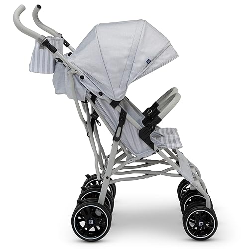 GAP babyGap Classic Side-by-Side Double Stroller - Lightweight Double Stroller with Recline, Extendable Sun Visors & Compact Fold - Made with Sustainable Materials, Grey Stripes - Jamouz
