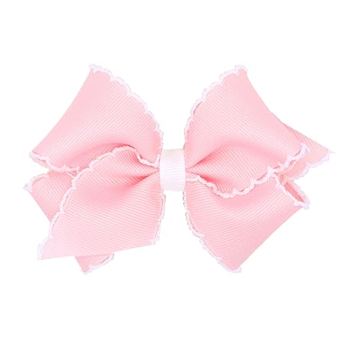 Wee Ones Girls' Classic Grosgrain Moonstitch Edge Hair Bow on a WeeStay Hair Clip, Medium, White with Light Pink - Jamouz