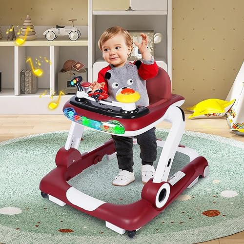 6 in 1 Baby Walker, Baby Activity Center for Toddler, Walker Rocker Bouncer w/Adjustable Height Speed, Learning-Seated & Walk-Behind, Infant Walker w/Feeding Tray & Music Toys, Red - Jamouz