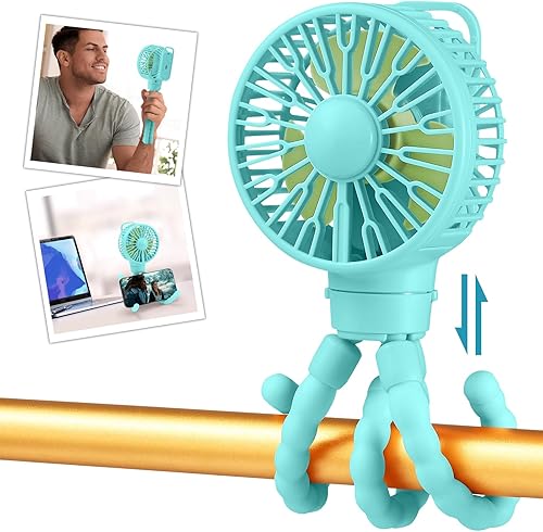 snawowo Mini Portable Stroller Fan, Battery Operated Personal Small Handheld Fan with Flexible Tripod, 3 Speed Rechargeable Clip On for Car Seat Crib Treadmill Travel Camping Blue - Jamouz