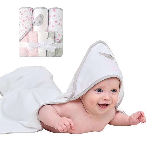 Viviland Baby Towels and Washcloths, Soft Absorbent Pink Baby Bath Towel Set, Elephant Hooded Towels with 5 Infant Face Washcloths (6 Pieces) - Jamouz