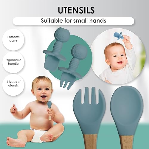 Bluet B- Silicone Baby Feeding Set - Baby Led Weaning Supplies - Baby Spoons, Suction Bowl - Plate - Baby Utensils Set - Silicone Feeding Set for Baby First Foods, Infant Eating - 8pcs - Purple - Jamouz