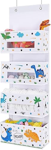 WERNNSAI Dinosaur Over Door Hanging Organizer - Behind Door Storage with 4 Clear Window Pockets for Baby Boys Room Organization Toy Diaper Closet Pantry Bedroom Bathroom Nursery Decor - Jamouz