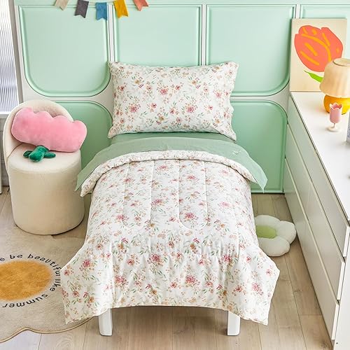 Joyreap 4 Piece Cotton Toddler Bedding Set for Girls, Pink Flowers Reversible Design, Soft Breathable Cotton Toddler Comforter Set - Jamouz