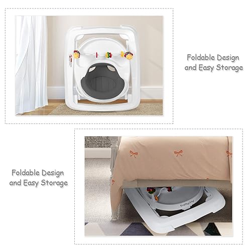 BABY JOY Baby Walker, Foldable Activity Walker Helper with Adjustable Height, Baby Activity Walker with High Back Padded Seat & Bear Toys (Gray, Star Pattern) - Jamouz