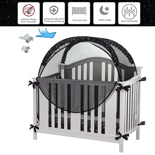 Safety Crib Tent to Keep Baby in Pop up Mosquito Net Netting Canopy Mesh Cover for Toddler - Black - Jamouz