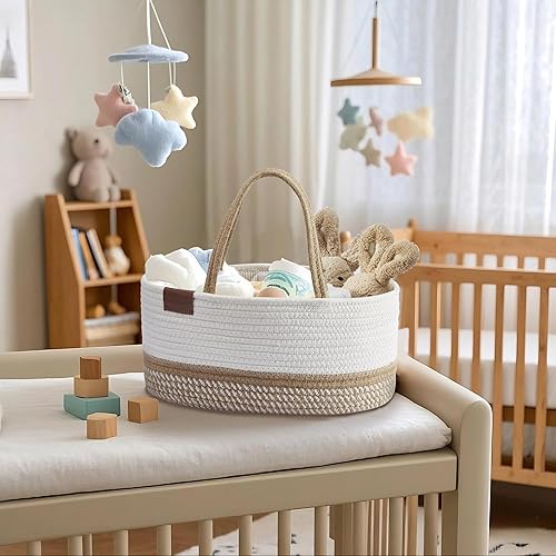 DECOMOMO Diaper Caddy Organizer, Nappy Caddy, Woven Baby Basket (Spiral Beige & White, Large) - Jamouz