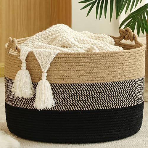 KAKAMAY Large Blanket Basket (20'x13'),Woven Baskets for storage Baby Laundry Hamper, Cotton Rope Blanket Basket for Living Room, Laundry, Nursery, Pillows, Baby Toy chest (White/Brown) - Jamouz